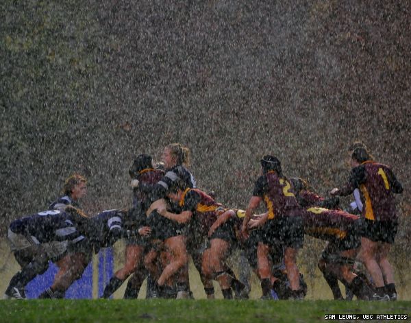 Concordia’s Women’s Rugby Stingers battle the St. Francis Xavier X-Women during the semi-finals on a rainy Vancouver afternoon Nov. 7 at the CIS National Championships. 